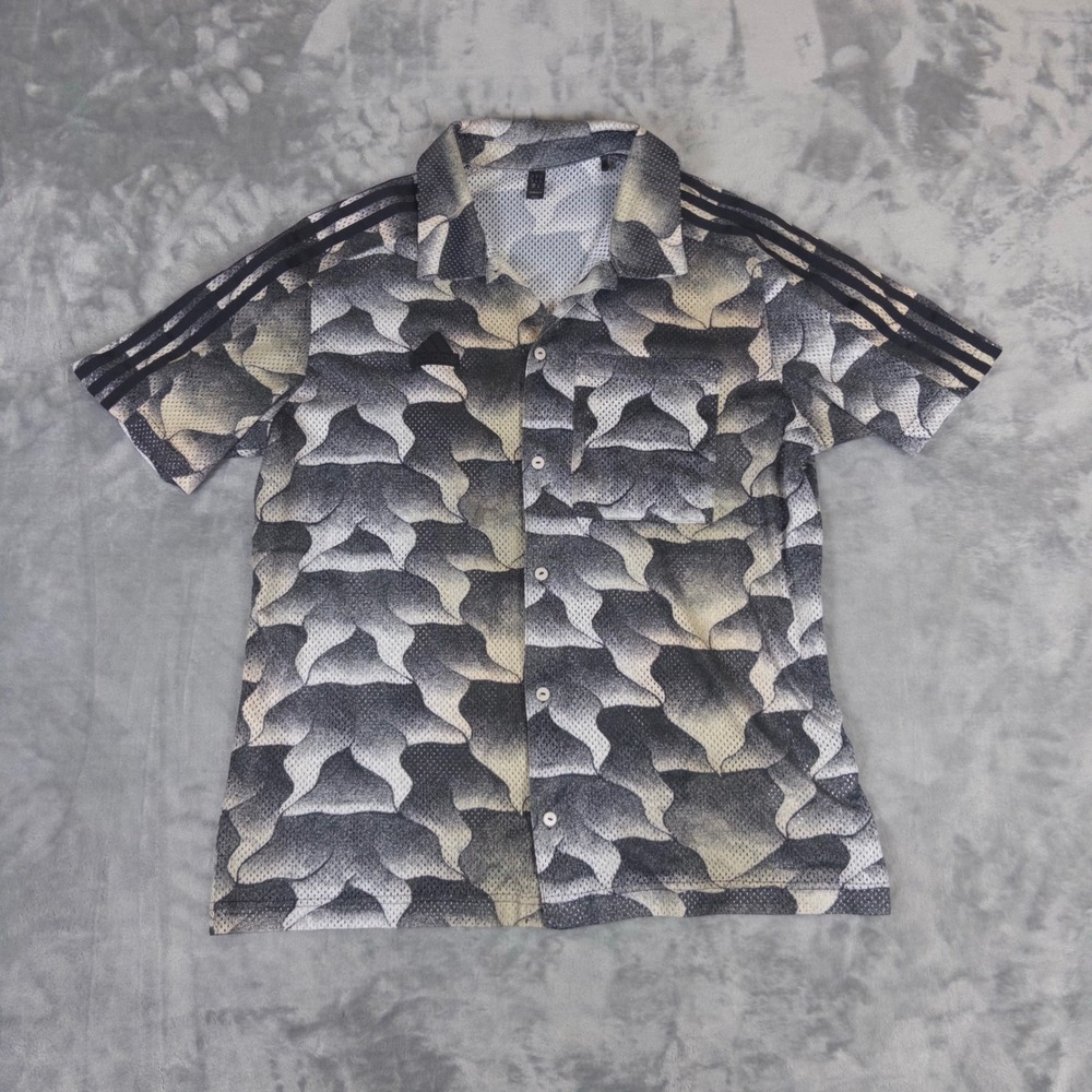 Adidas Button Up Shirt Mens Medium Grey Mesh Camo 3 Stripe Short Sleeve Jersey